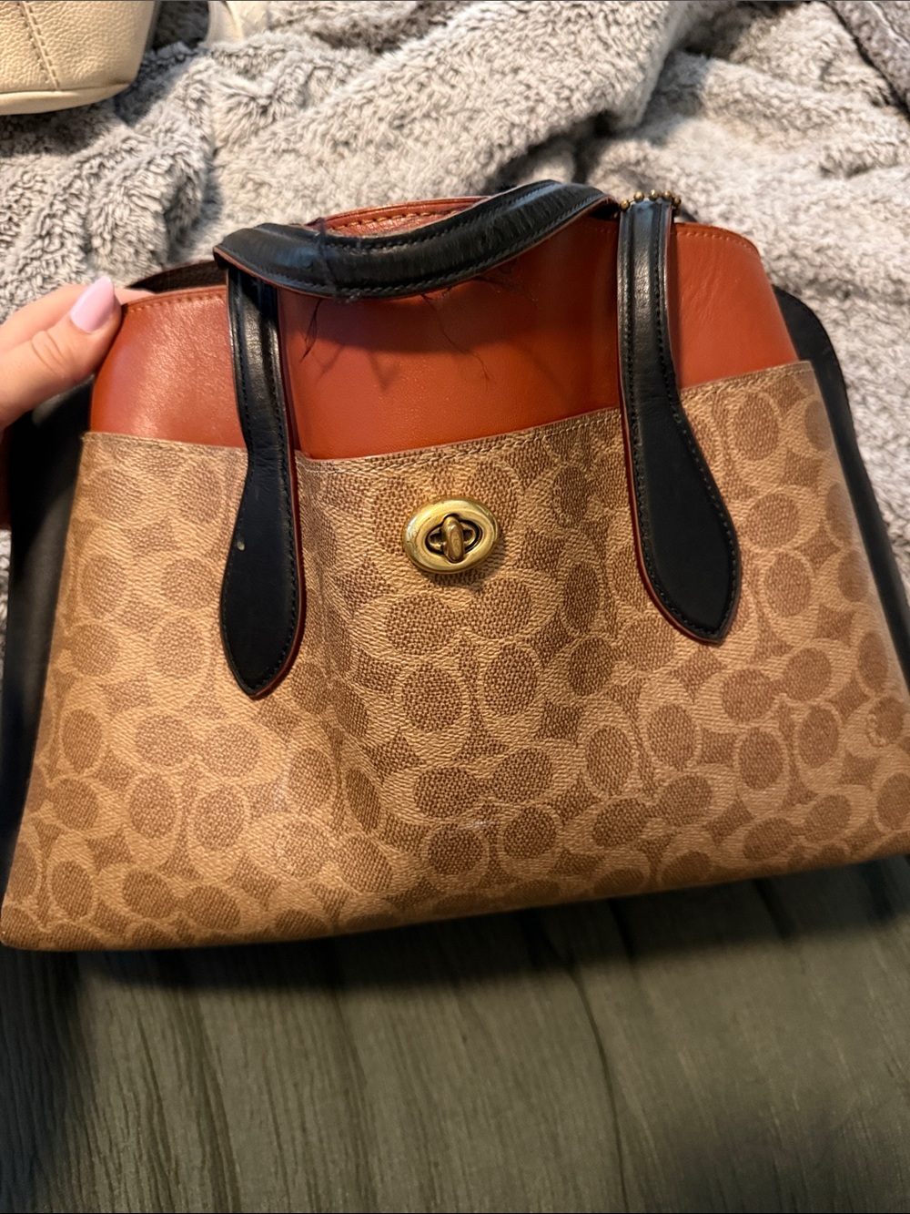 Coach Brown Signature Satchel with Black Handles and Rust Trim